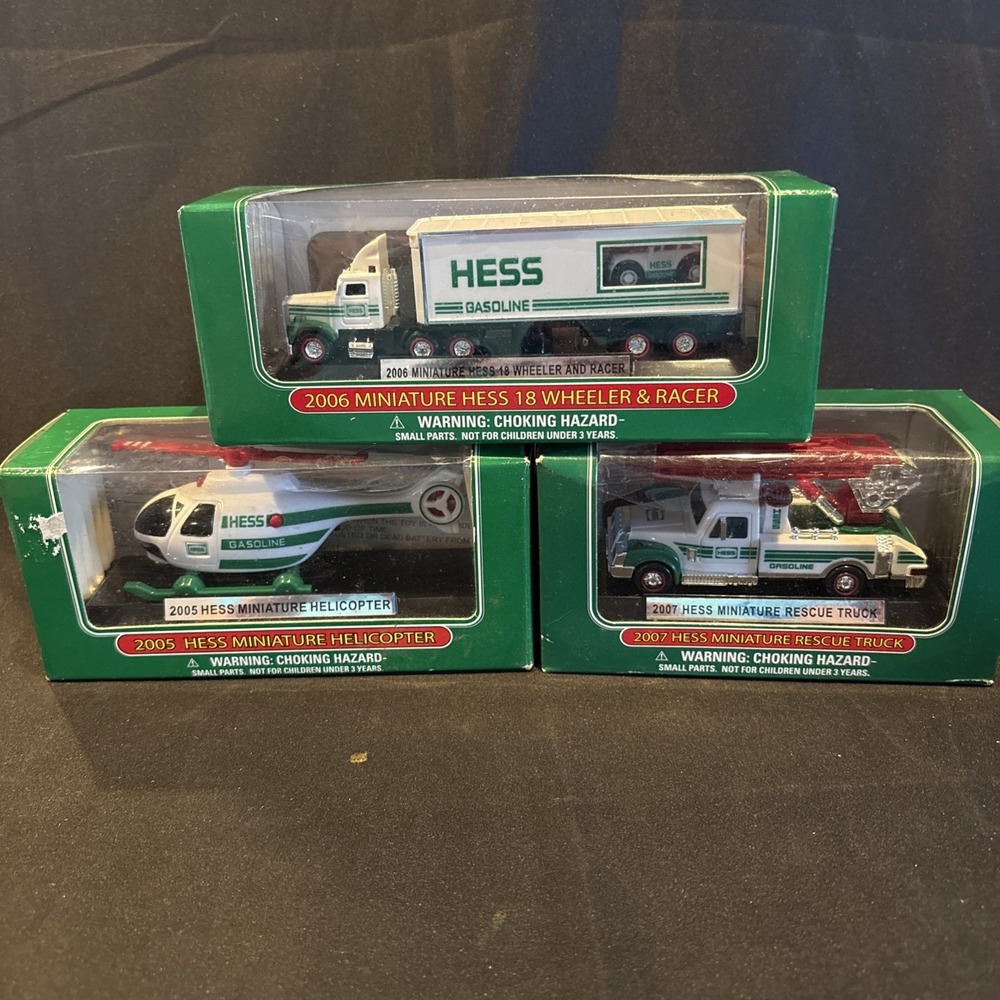 3- Vintage HESS 2005 2006 2007 Miniature Helicopter , Rescue Truck & 18 WHEELER